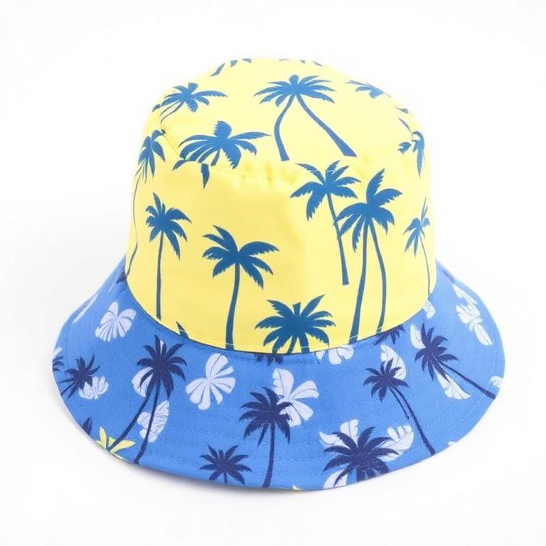 Chapéu Anti-UV Bebé Reversível Amarelo e Azul Estampado Palmeiras