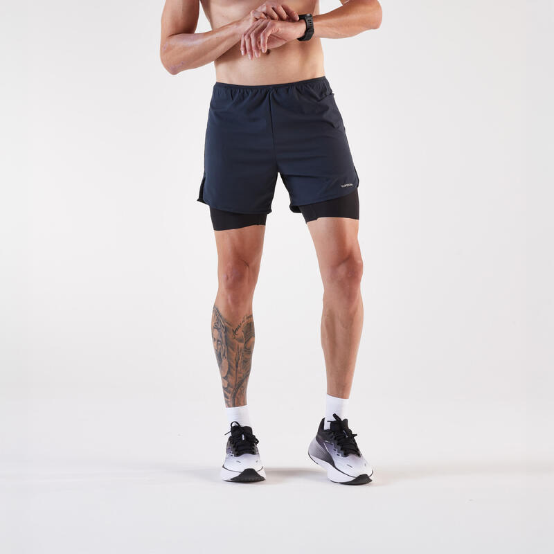 Calções 2 em 1 de Corrida Homem Run 500 Confort Preto